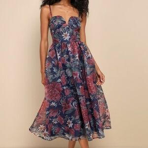 Lulus Cherished Aura Navy Blue Floral Organza Bustier Midi Dress - Size M